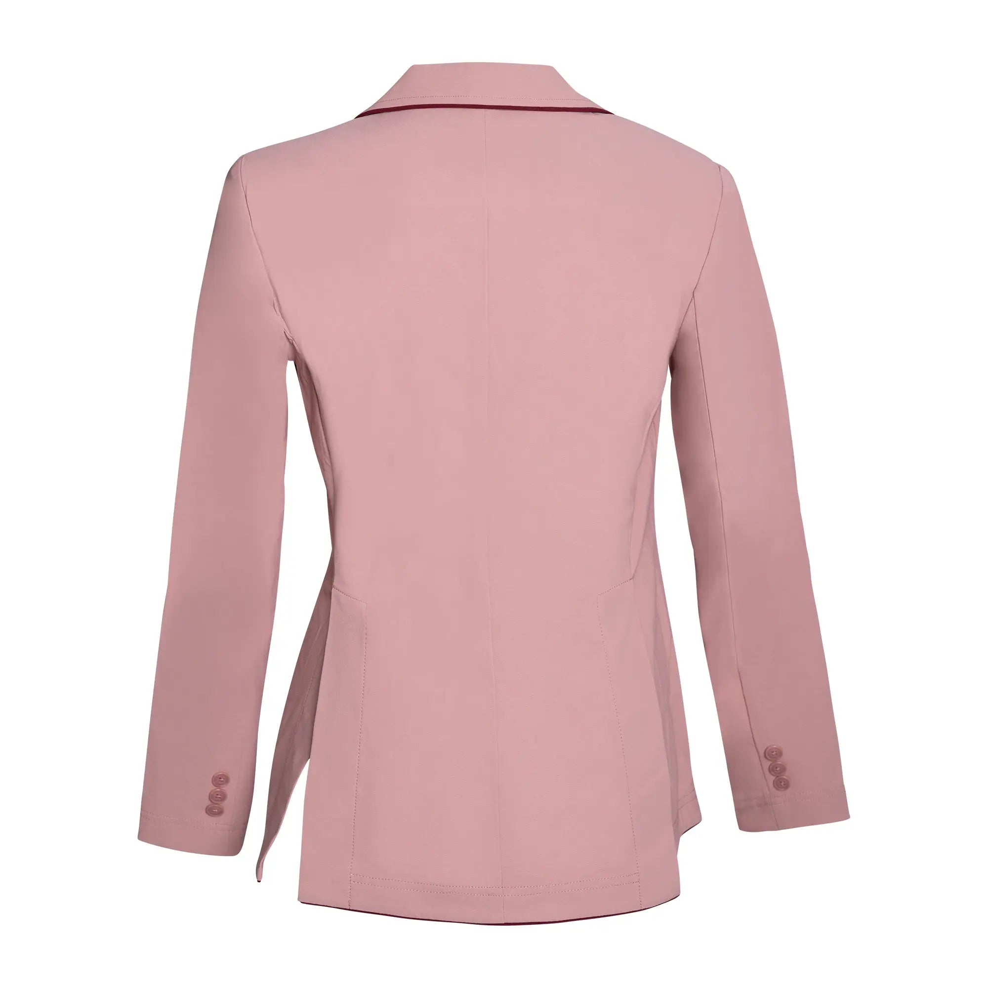 Chaqueta de concurso Grand Prix Ladies EQJ de 3 botones, rosa con ribete burdeos