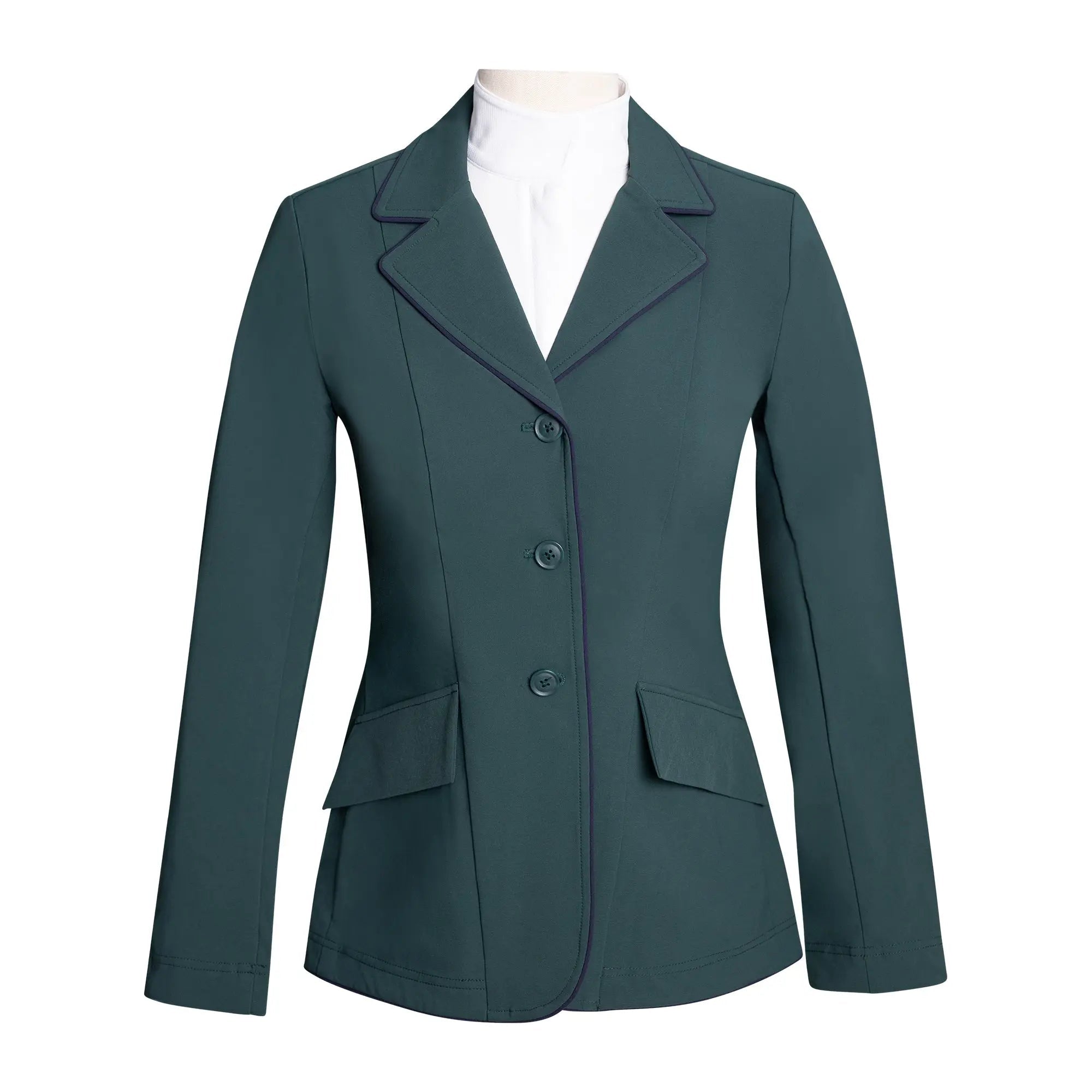 Chaqueta de concurso Grand Prix Ladies EQJ Classic de 3 botones, verde nuevo con ribete azul marino