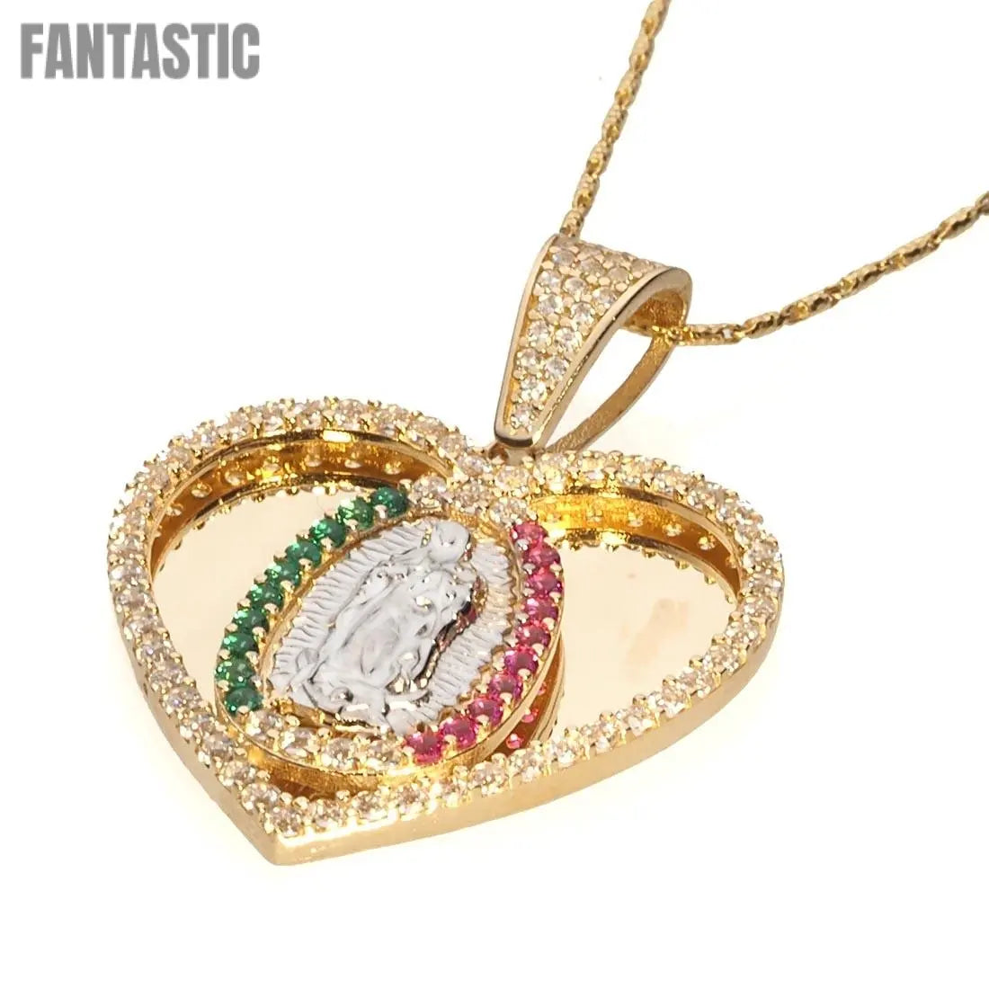 Colgante de la Virgen de Guadalupe en Forma de Corazón | Oro de 14K con Colgante de Corazón de la Virgen de Guadalupe en Oro de 14K con circonitas cúbicas
