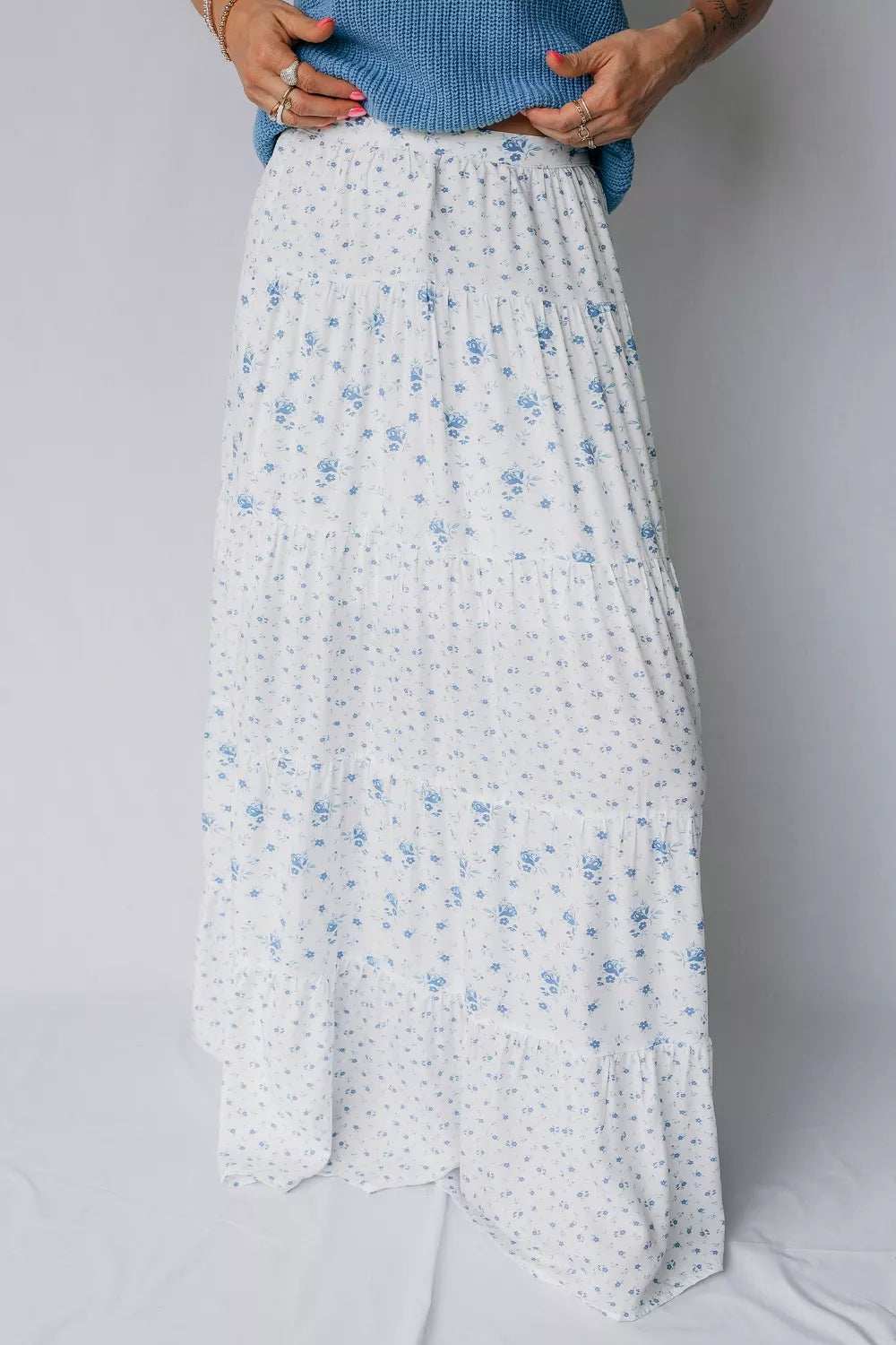 High Waist Tiny Floral Print Boho Maxi Skirt