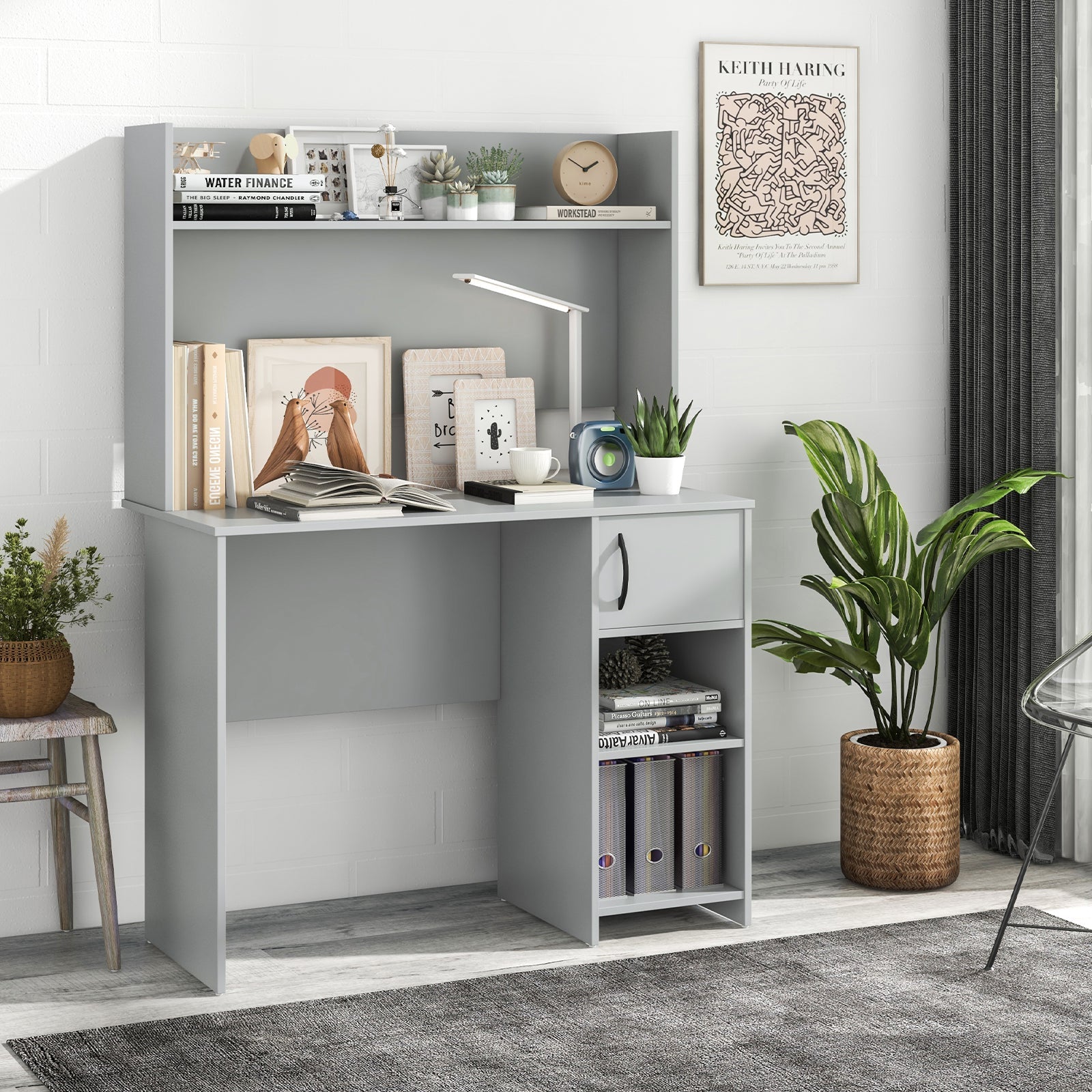 Home Office Desk with Raised Display Shelf and 2 Open Shelves