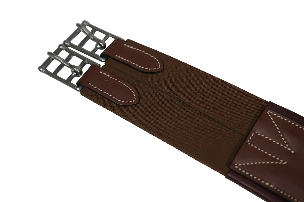 Cincha de cuero Huntley Equestrian Sedgwick con costuras decorativas y acolchada con forma contorneada y elástico en ambos extremos