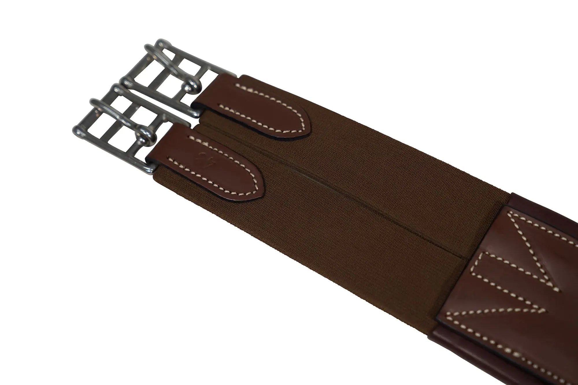 Cincha de cuero Huntley Equestrian Sedgwick con costuras decorativas y acolchada con forma contorneada y elástico en ambos extremos