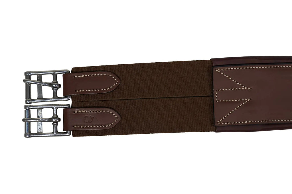 Cincha de cuero Huntley Equestrian Sedgwick con costuras decorativas y acolchada con forma contorneada y elástico en ambos extremos
