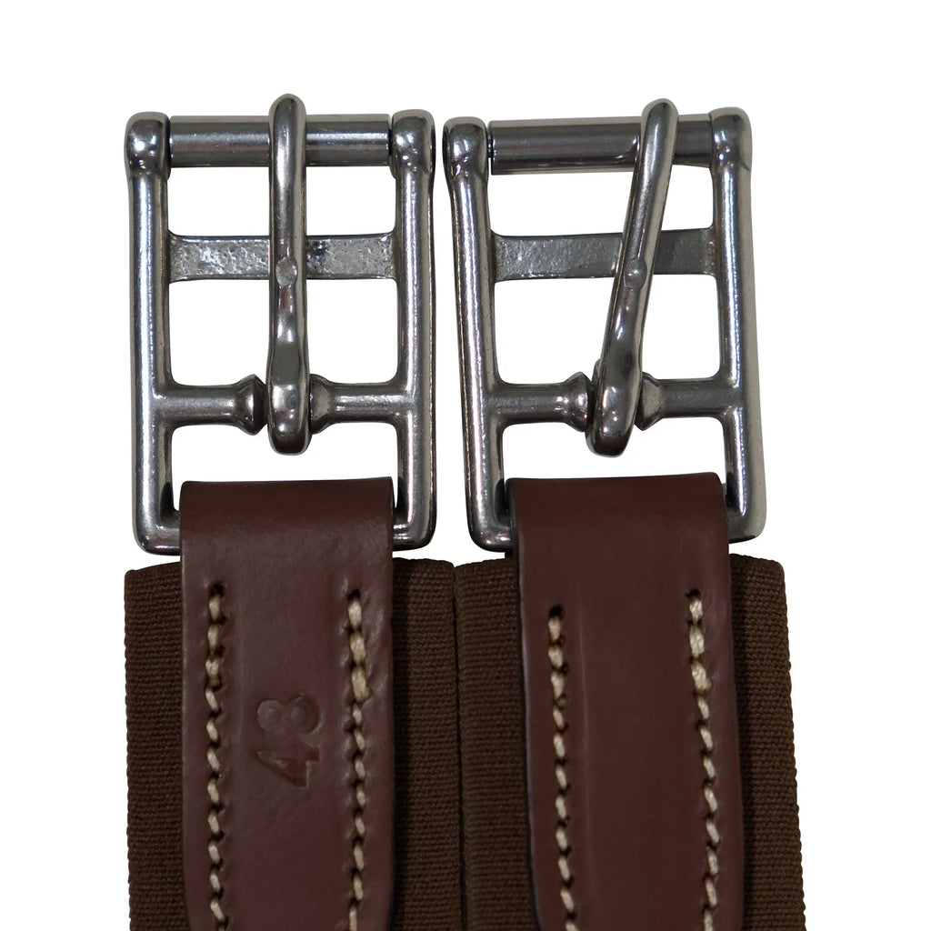 Cincha de cuero Huntley Equestrian Sedgwick con costuras decorativas y acolchada con forma contorneada y elástico en ambos extremos