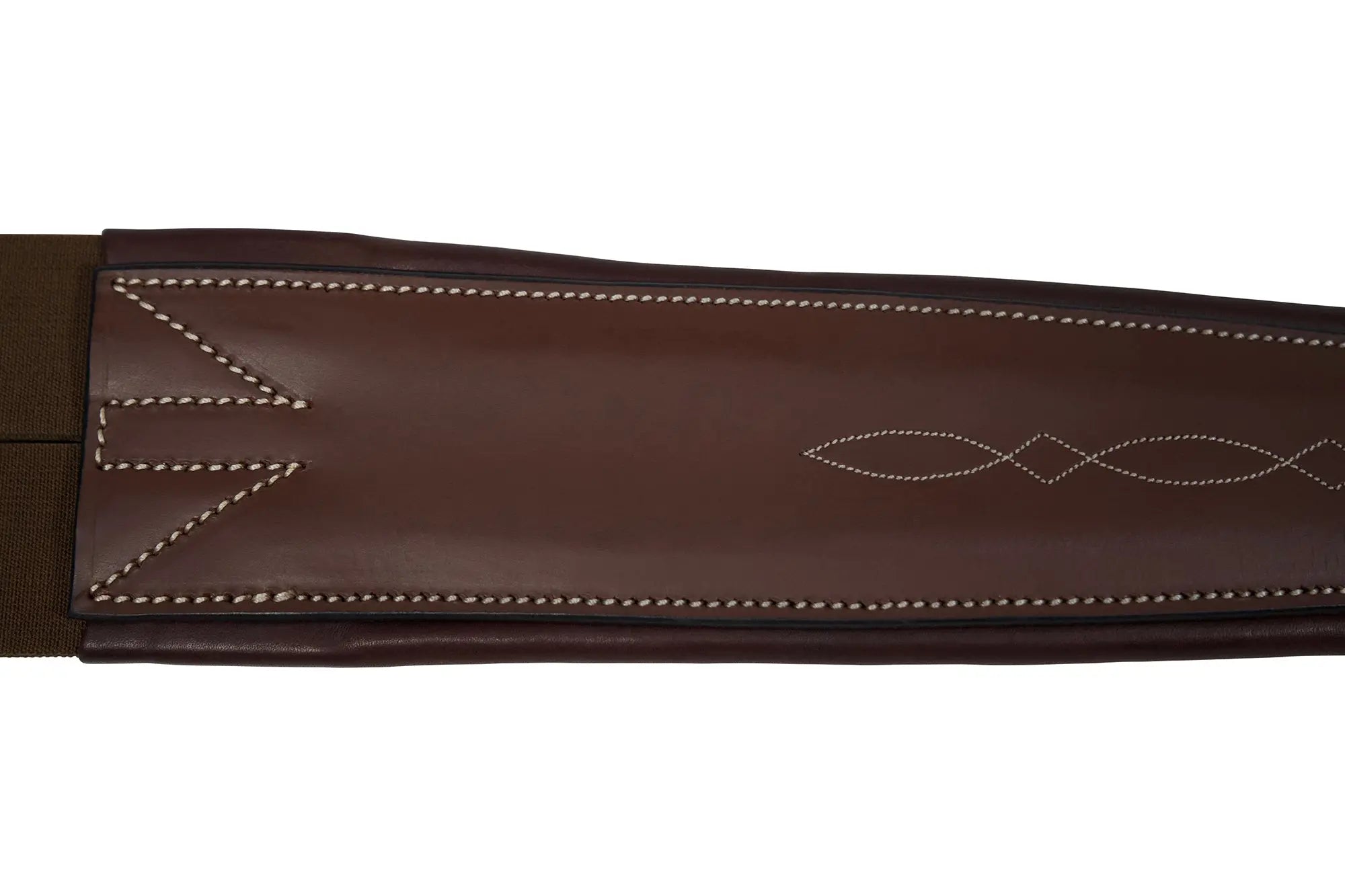 Cincha de cuero Huntley Equestrian Sedgwick con costuras decorativas y acolchada con forma contorneada y elástico en ambos extremos