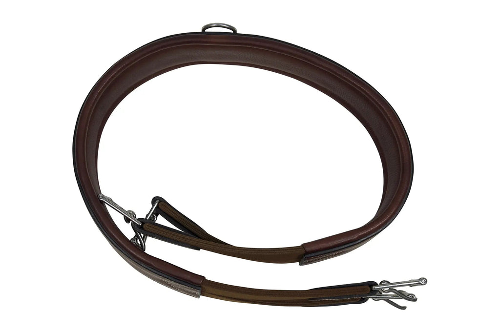 Cincha de cuero Huntley Equestrian Sedgwick con costuras decorativas y acolchada con forma contorneada y elástico en ambos extremos