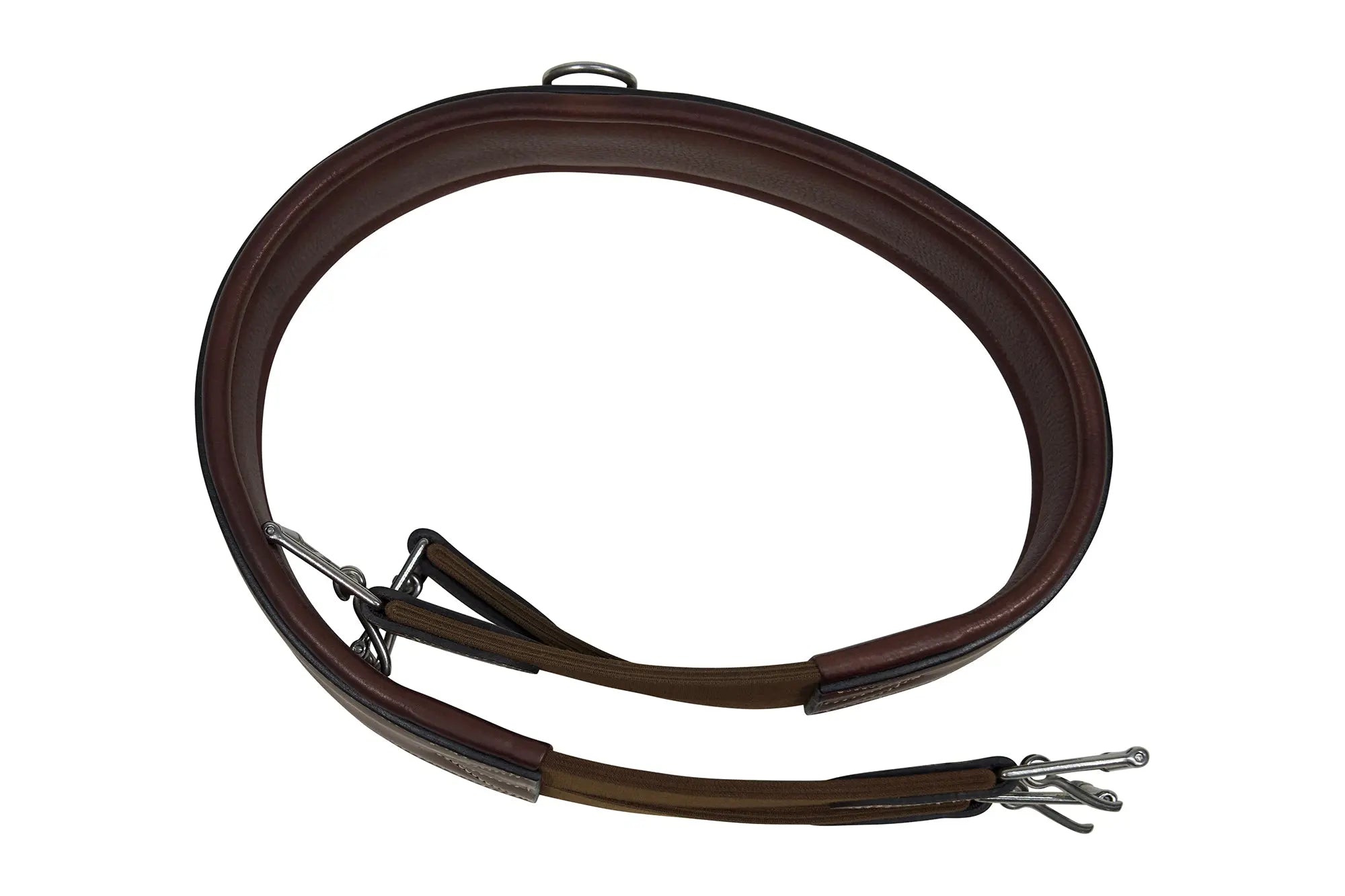 Cincha de cuero Huntley Equestrian Sedgwick con costuras decorativas y acolchada con forma contorneada y elástico en ambos extremos
