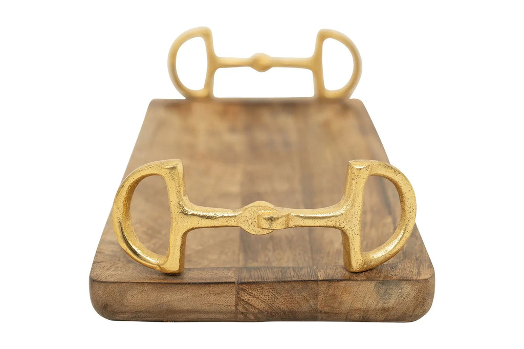 Bandeja rectangular de madera Huntley Equestrian con asas doradas en forma de bocado de caballo