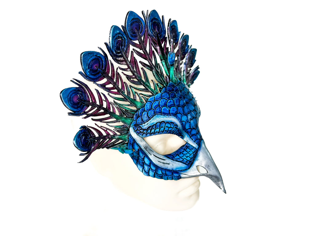 Metallic Blue Peacock Handmade Genuine Leather Mask