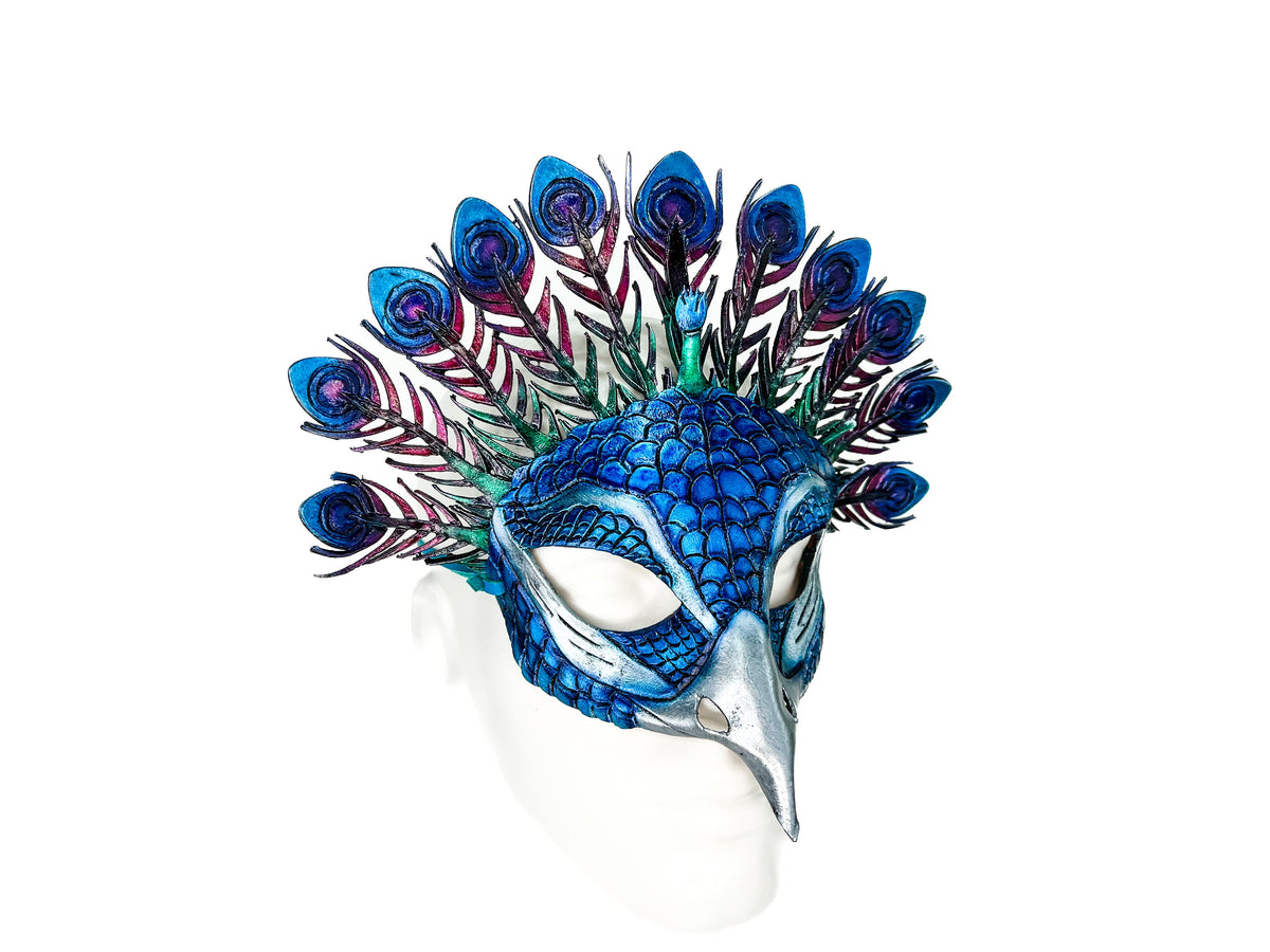 Metallic Blue Peacock Handmade Genuine Leather Mask