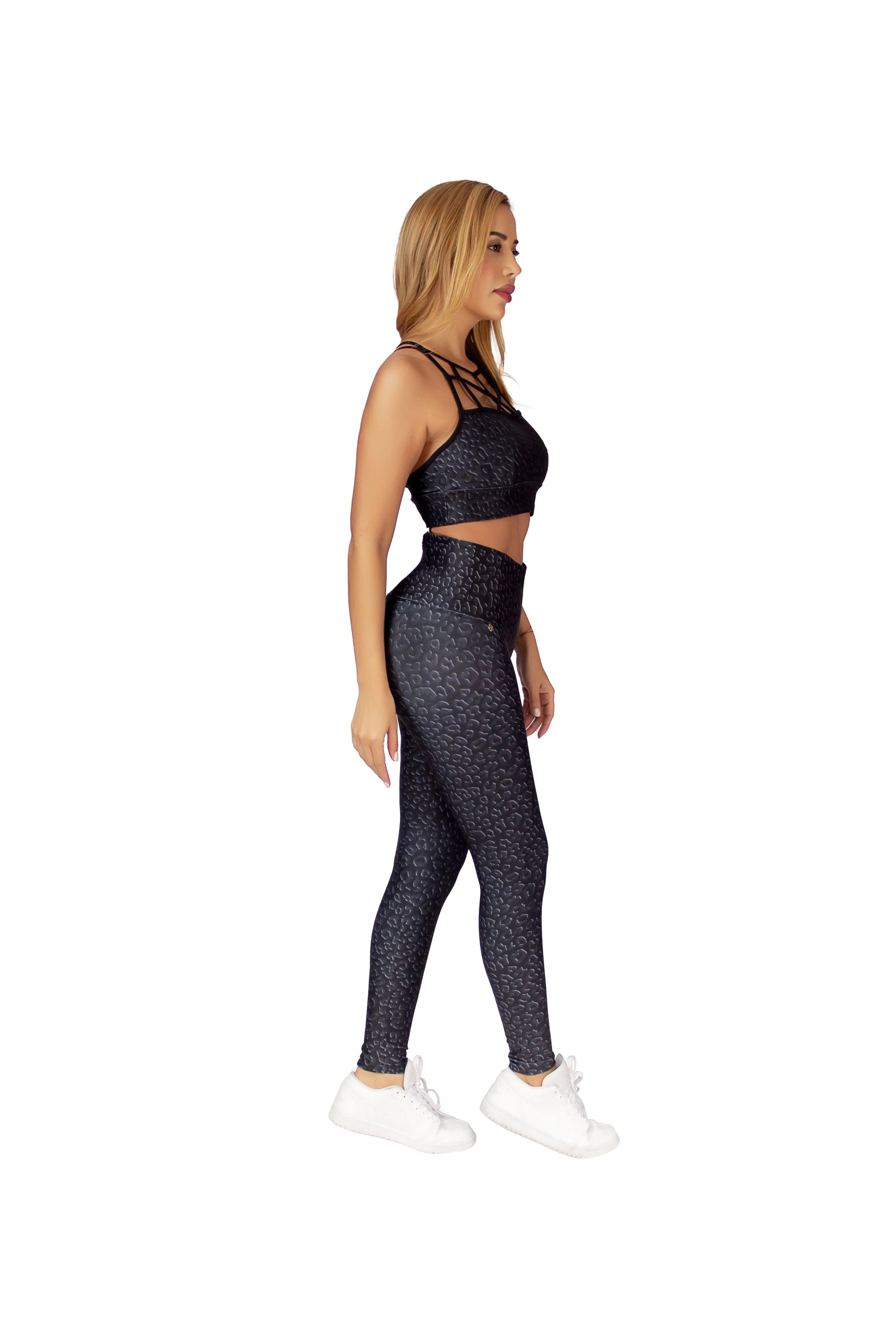 CONJUNTO DE LEGGINGS DE YOGA LEOPARDO NEGRO
