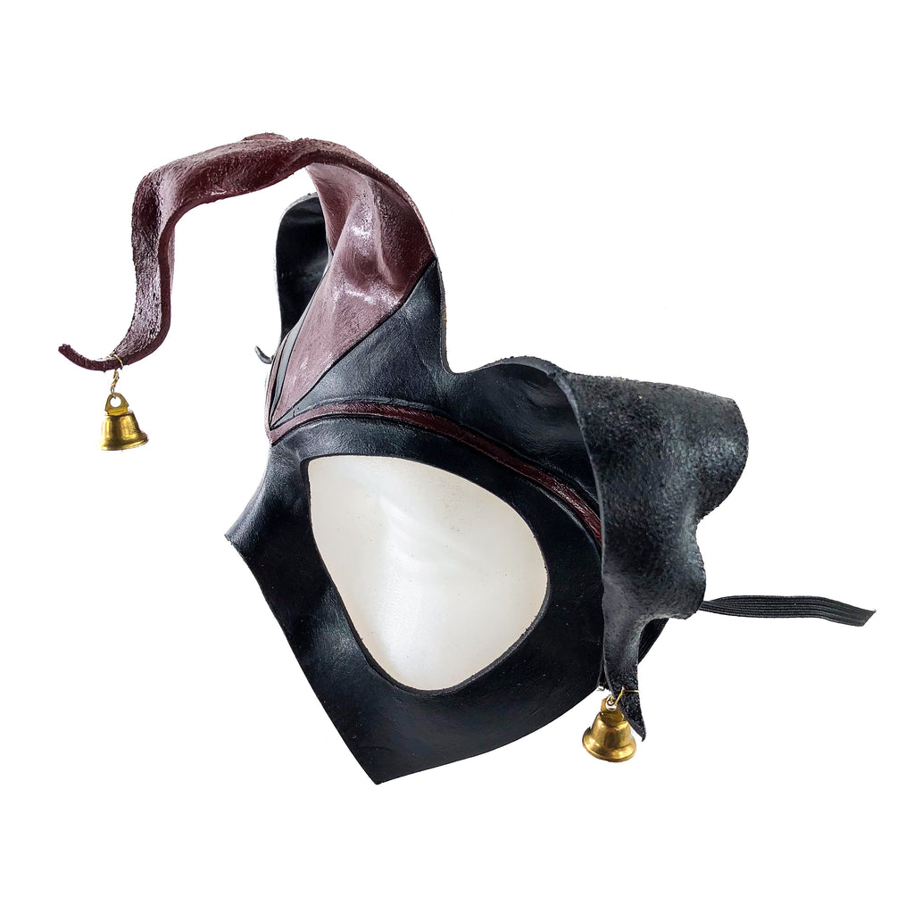 Handmade Genuine Leather Jester Mask in Red and Black with Brass Bells