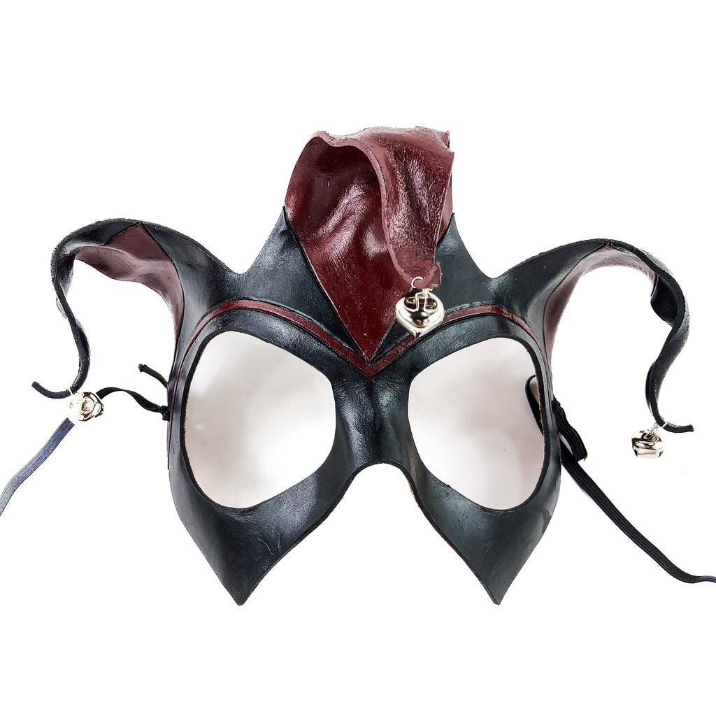 Handmade Genuine Leather Jester Mask in Red and Black with Silver Bells