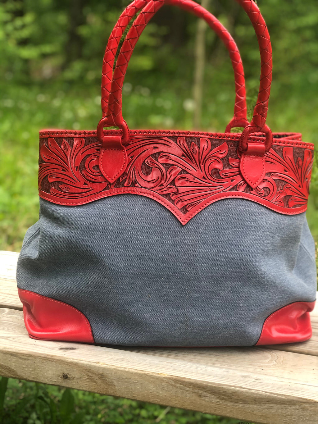 Hand-Tooled Leather & Denim Tote "Denim" by ALLE more Colors