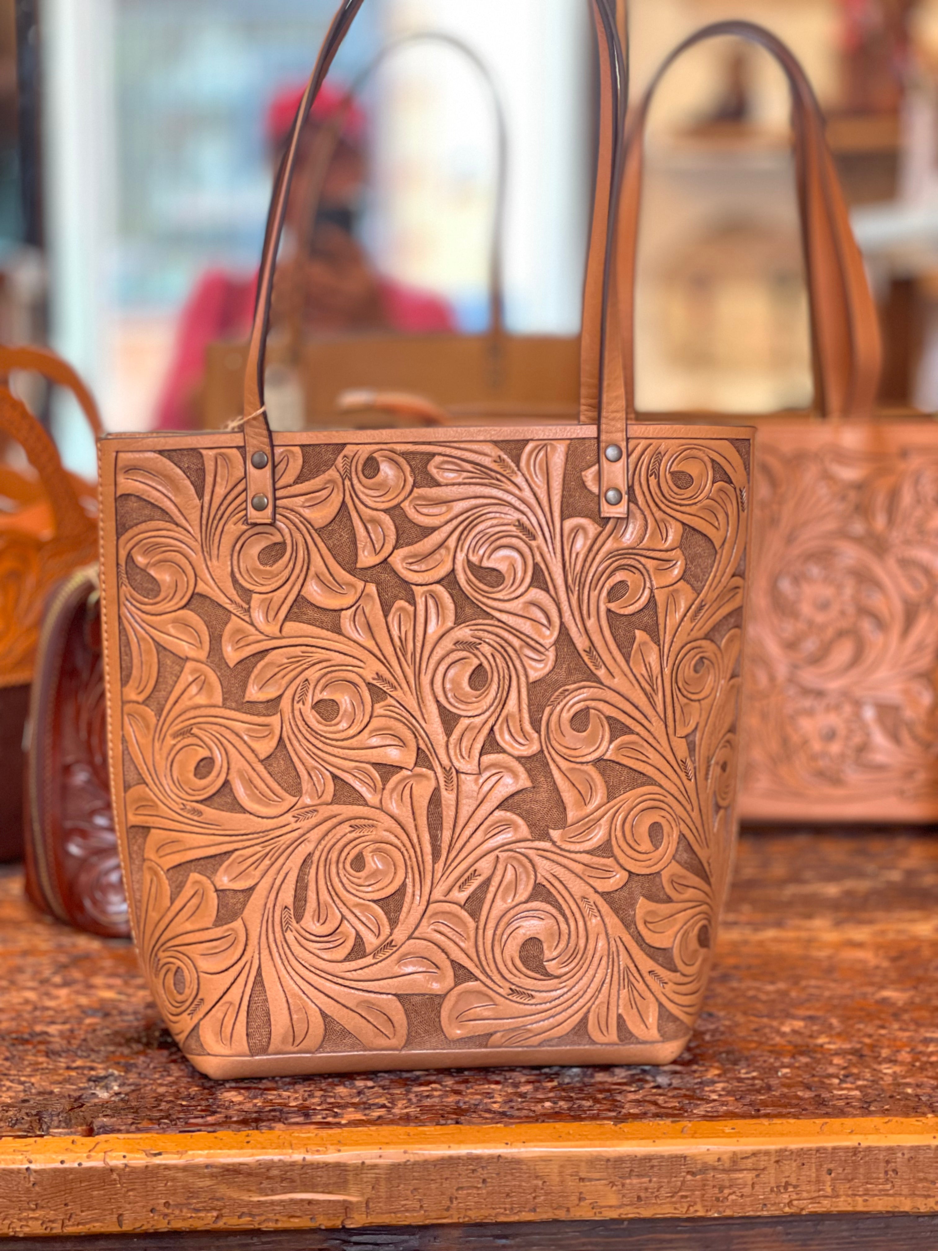 Fine Hand-Tooled Leather Tote Bag "ELODIA", more colors