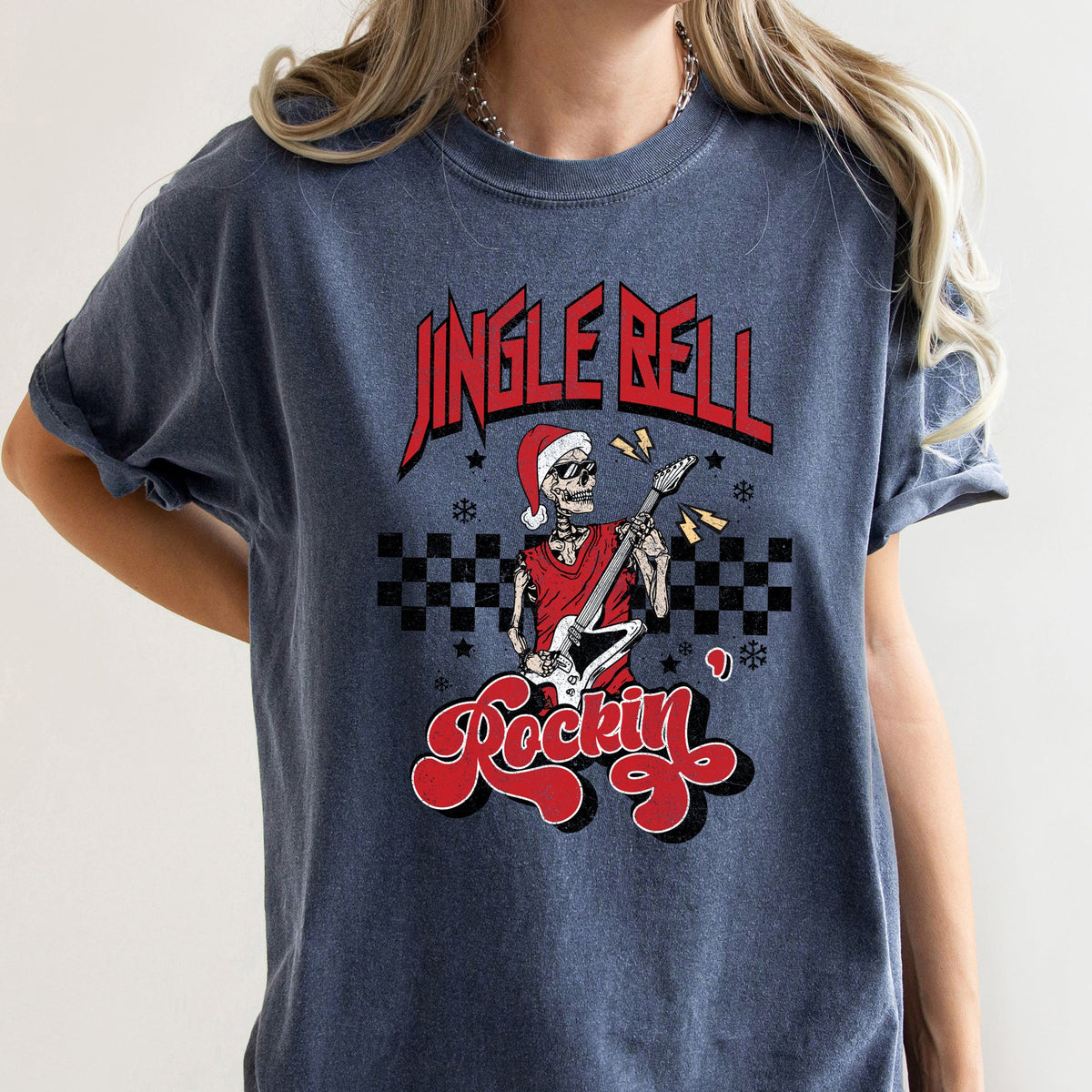 Jingle Bell Rocking Skeleton Retro Rock Music Vibe Nostalgic Vintage Halloween Party Theme Comfort Colors Tee