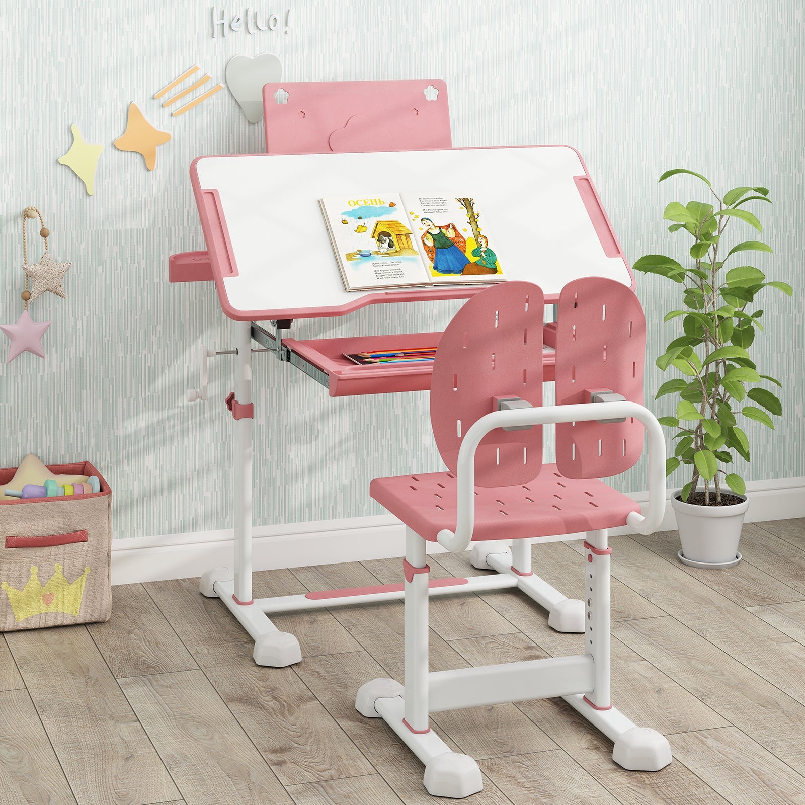 Kid's Study Desk and Chair Set with Tilt Desktop and Book Stand