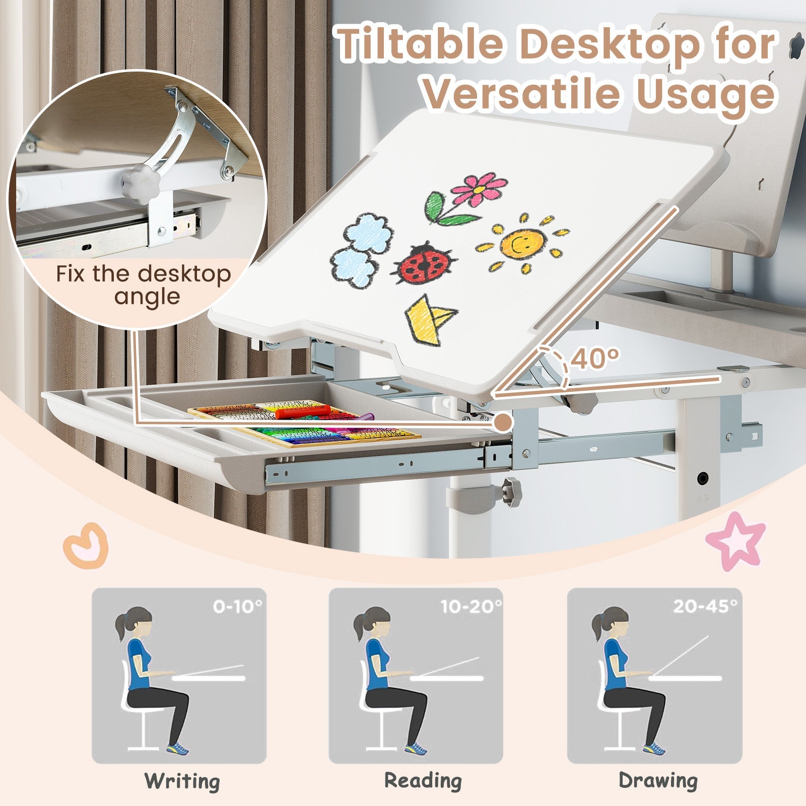 Kid's Study Desk and Chair Set with Tilt Desktop and Book Stand