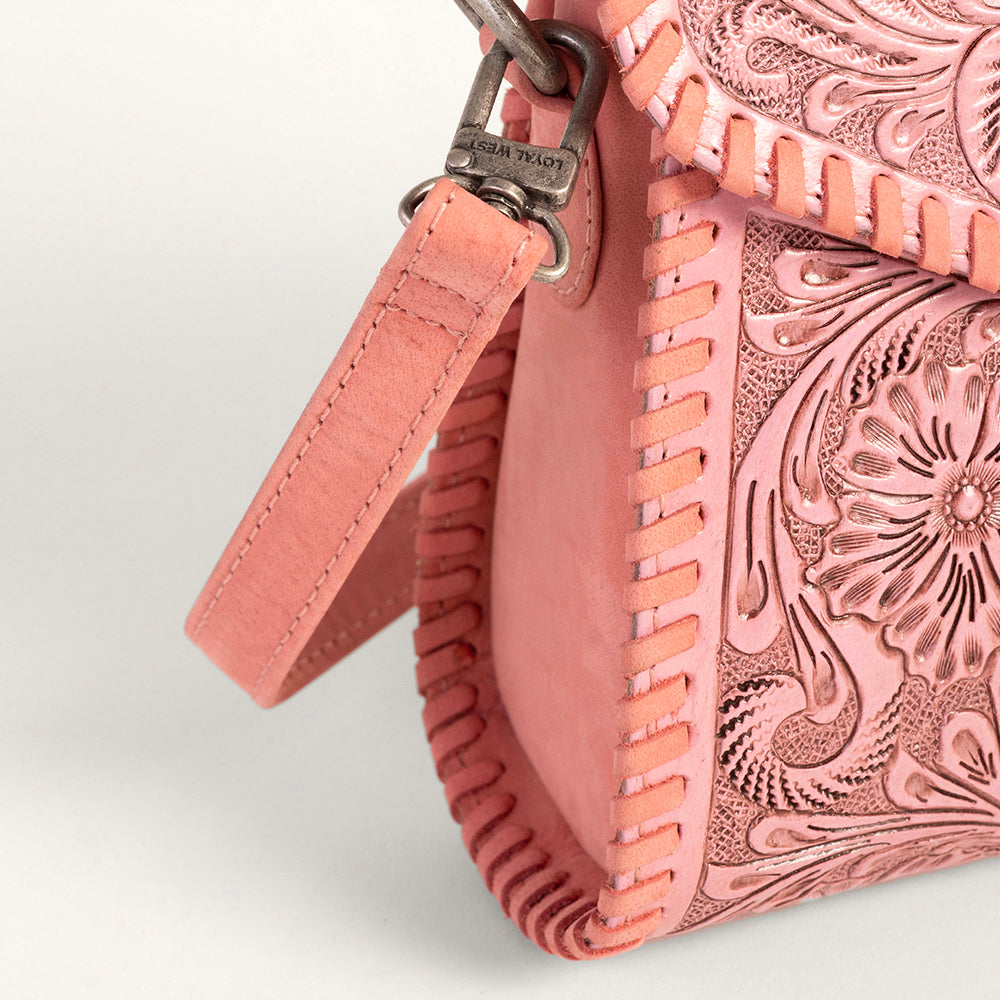 Loyal West Leon Mini Henkeltasche - Rosafarbenes handpunziertes Leder & Kalbsleder