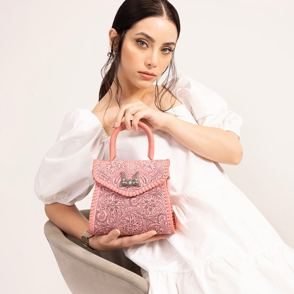 Loyal West Leon Mini Henkeltasche - Rosafarbenes handpunziertes Leder & Kalbsleder