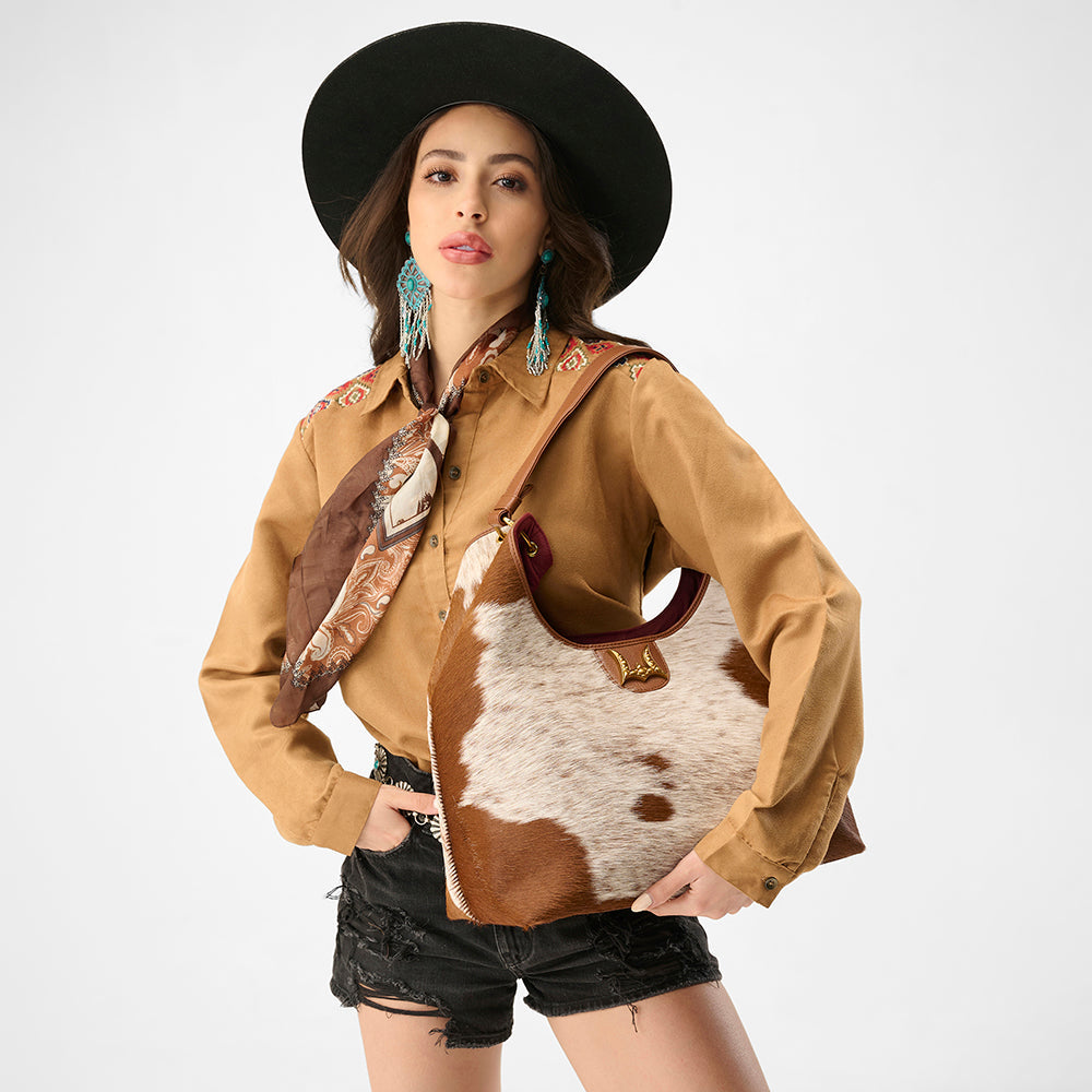 Bolso grande Loyal West LW - En piel de vacuno y becerro blanca y marrón