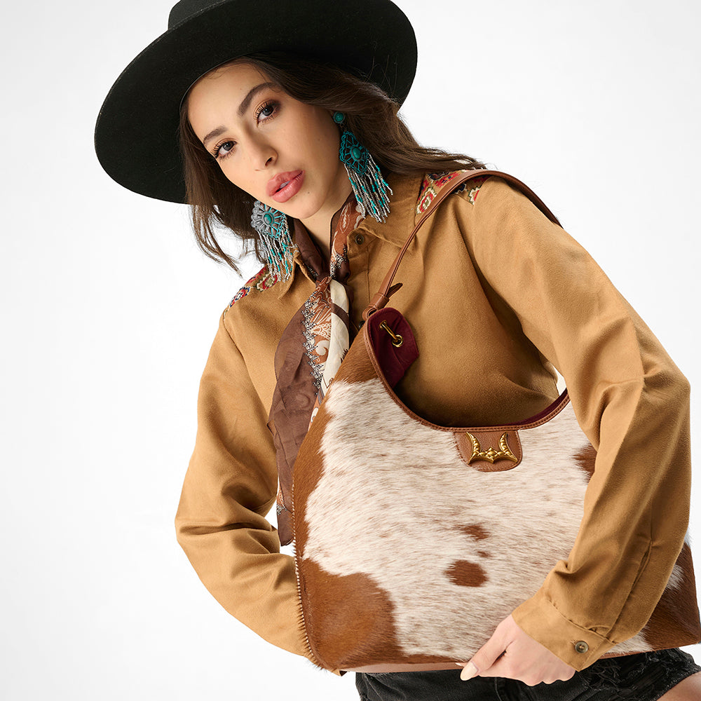 Bolso grande Loyal West LW - En piel de vacuno y becerro blanca y marrón