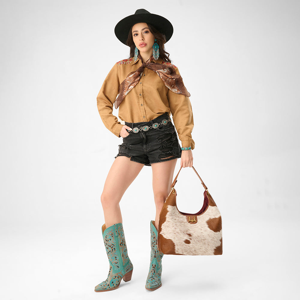 Bolso grande Loyal West LW - En piel de vacuno y becerro blanca y marrón