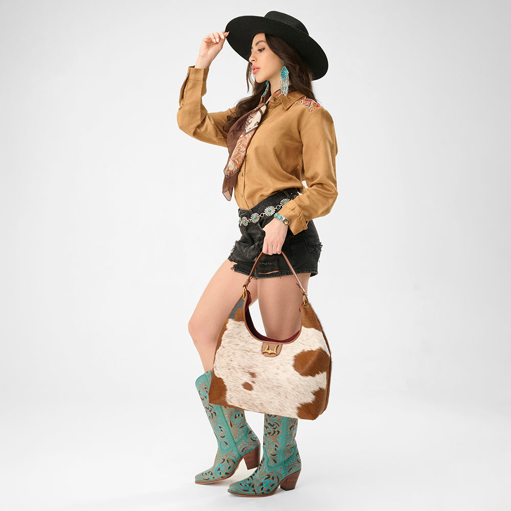 Bolso grande Loyal West LW - En piel de vacuno y becerro blanca y marrón