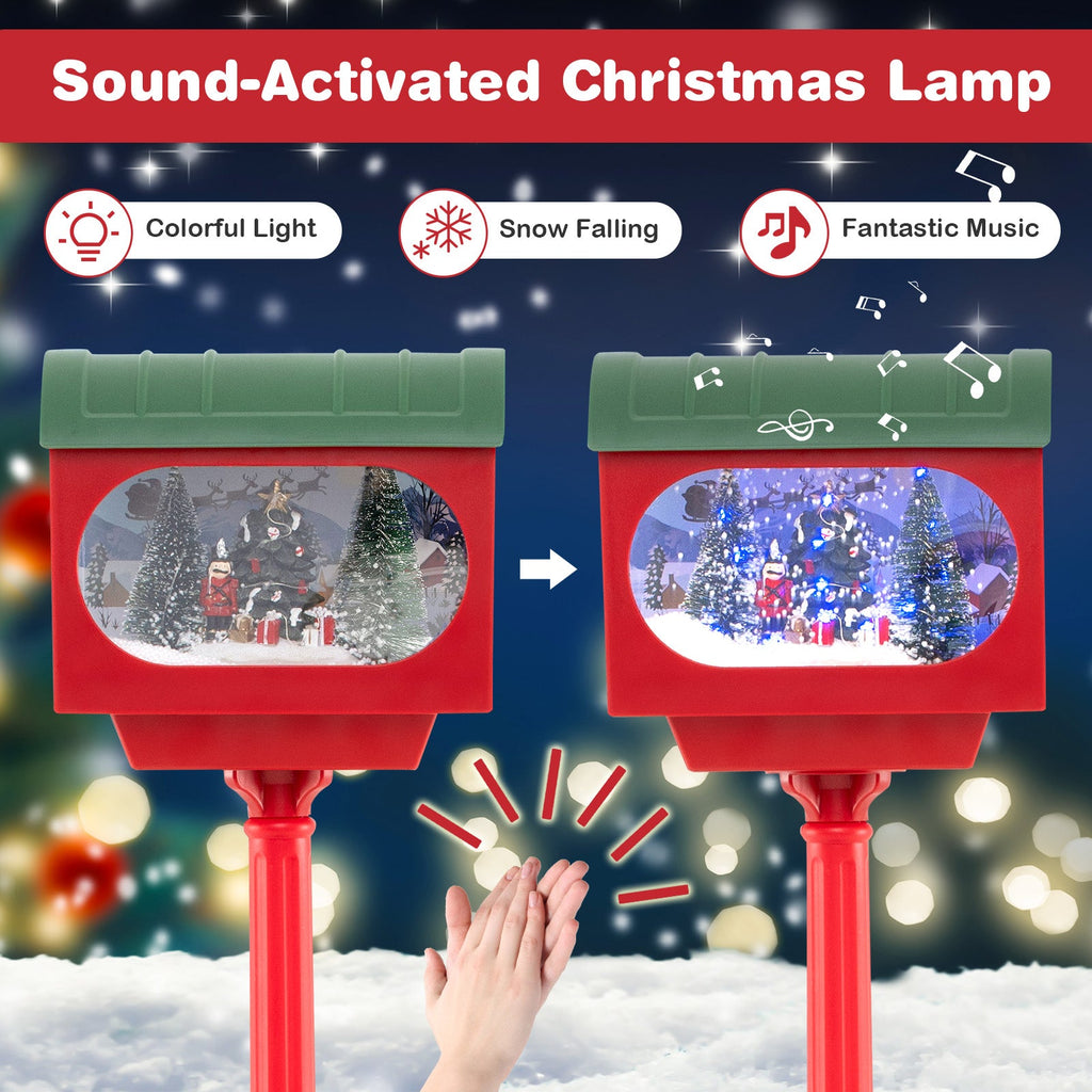 59 Inch Christmas Street Lamp with Sound-Activated Snow Globe Lantern-Red