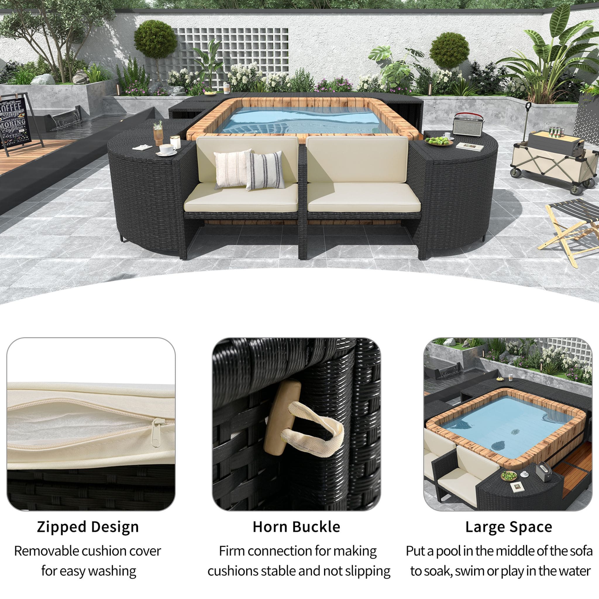 Conjunto de sofá seccional de ratán para spa exterior grande Alora con forma cuadrilátera y compartimentos de almacenamiento (SAK80217)