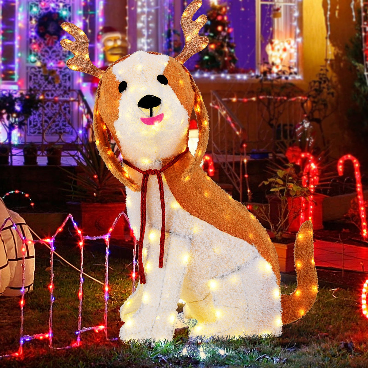 Lighted Christmas Dog with LED Lights Ground Stakes and Cable Tiers