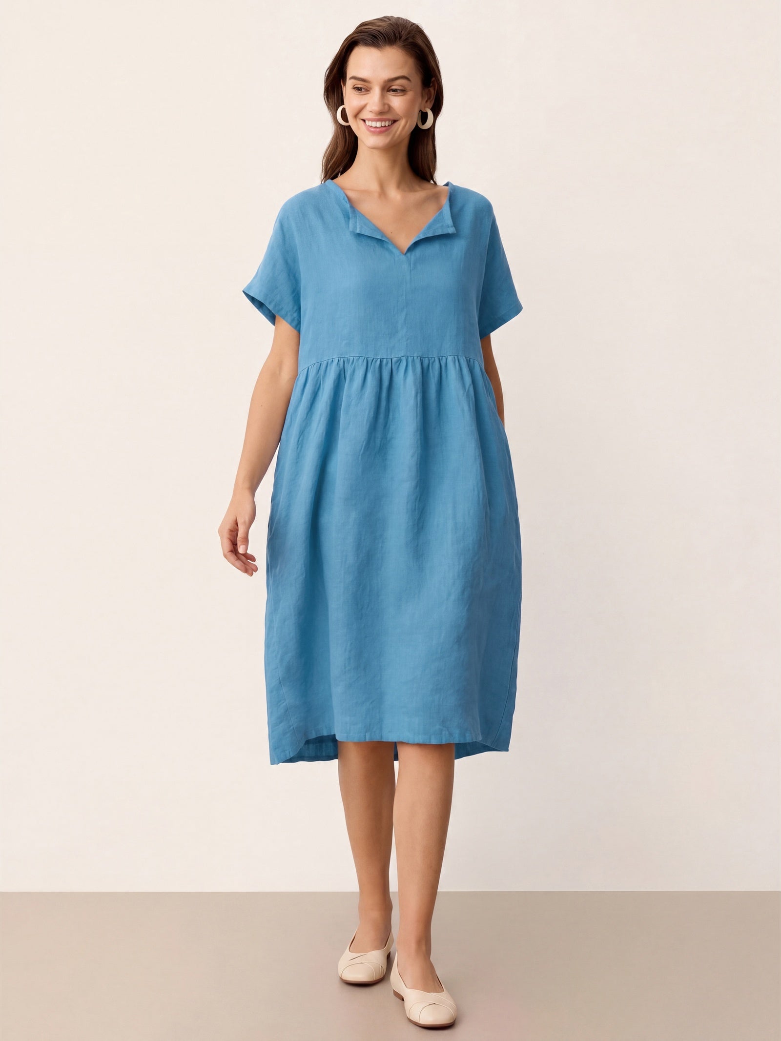 Linen Gathered-Hem Split-Neck Midi Dress SYDNEY