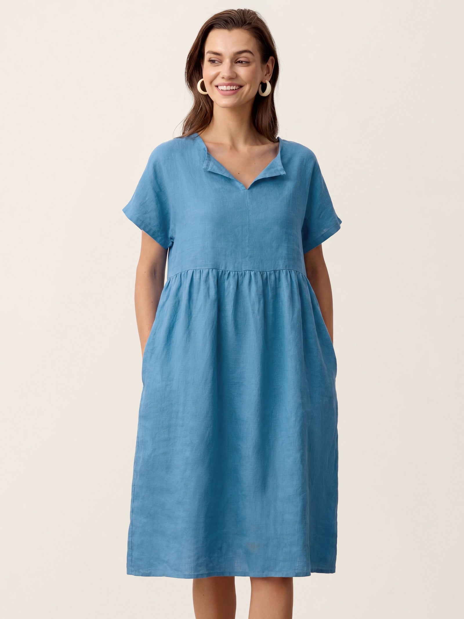 Linen Gathered-Hem Split-Neck Midi Dress SYDNEY