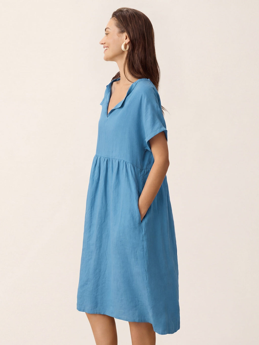 Linen Gathered-Hem Split-Neck Midi Dress SYDNEY