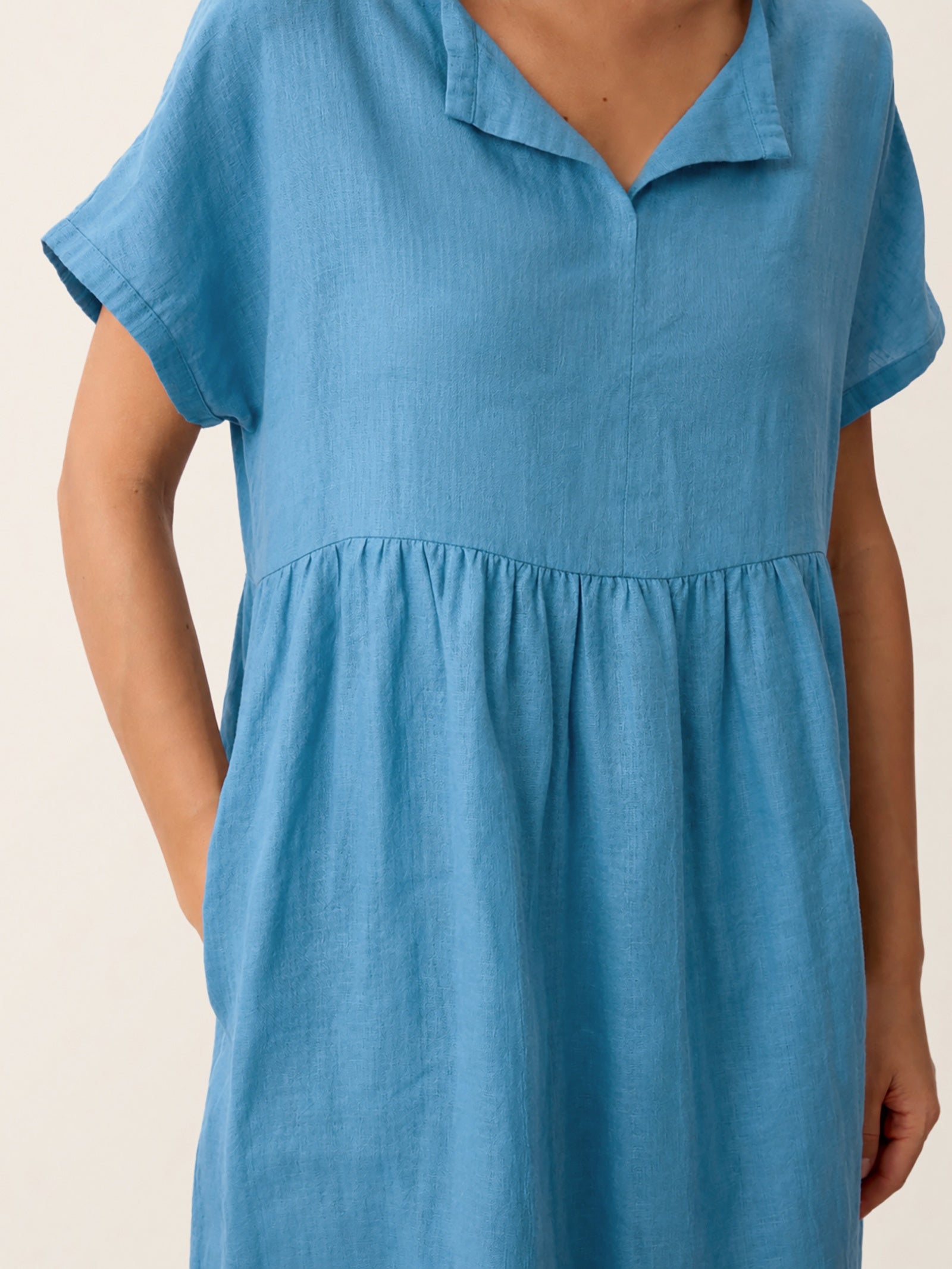 Linen Gathered-Hem Split-Neck Midi Dress SYDNEY