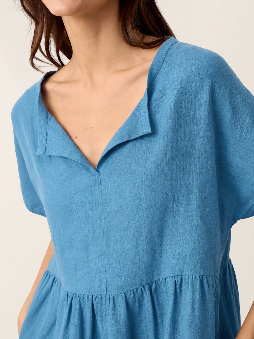 Linen Gathered-Hem Split-Neck Midi Dress SYDNEY
