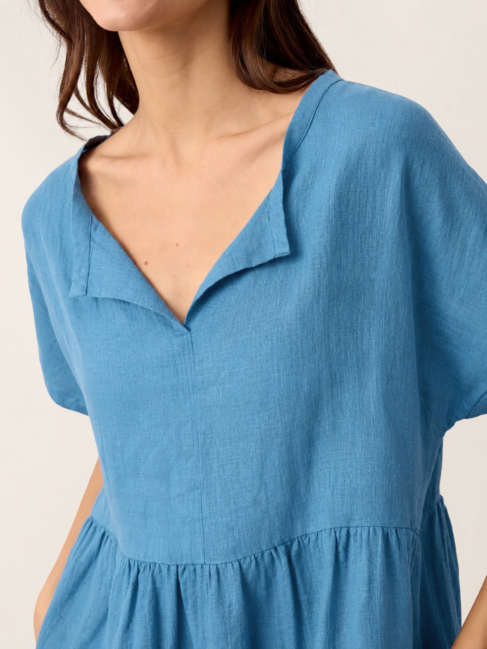 Linen Gathered-Hem Split-Neck Midi Dress SYDNEY
