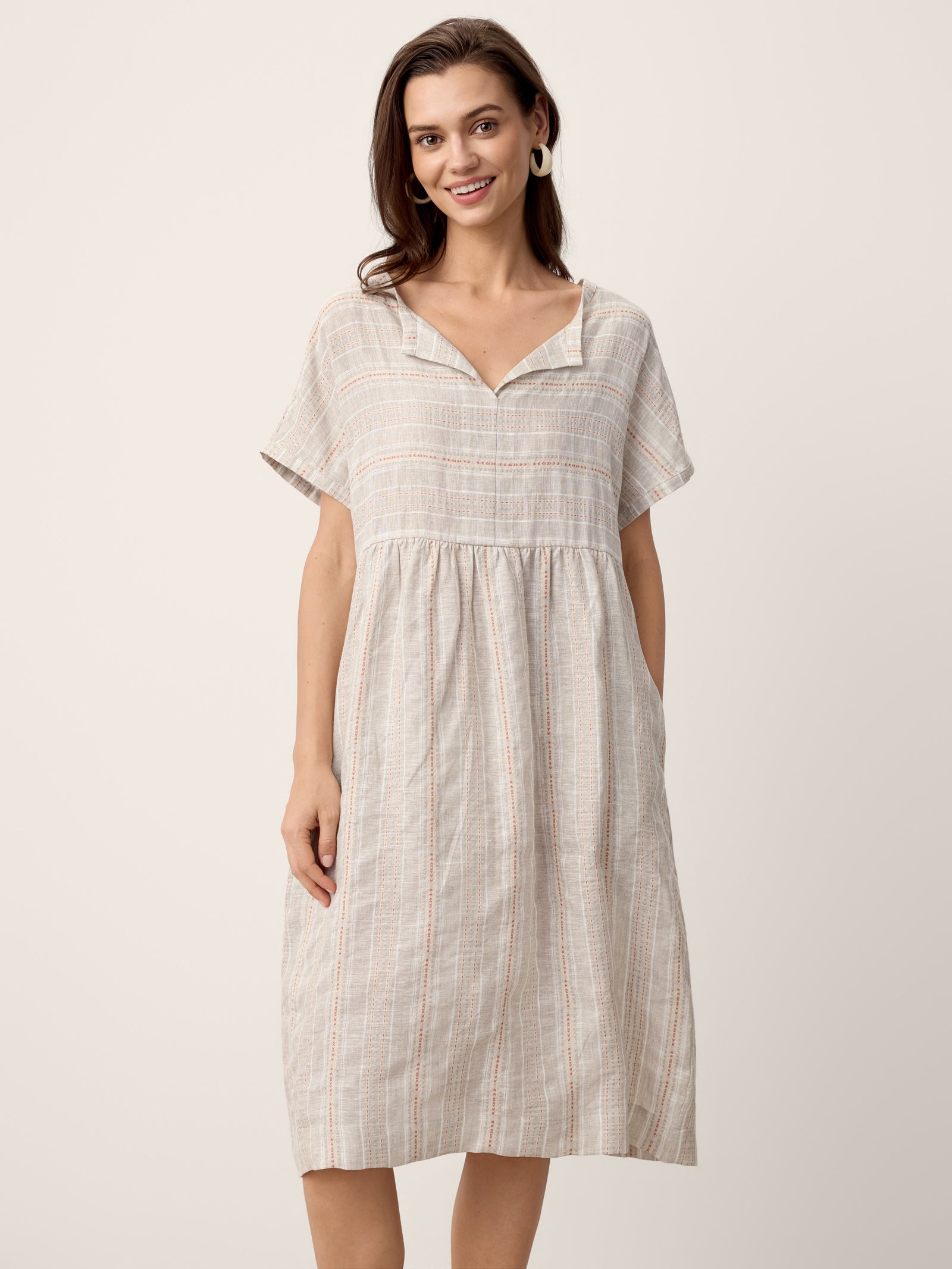 Linen Gathered-Hem Split-Neck Midi Dress SYDNEY