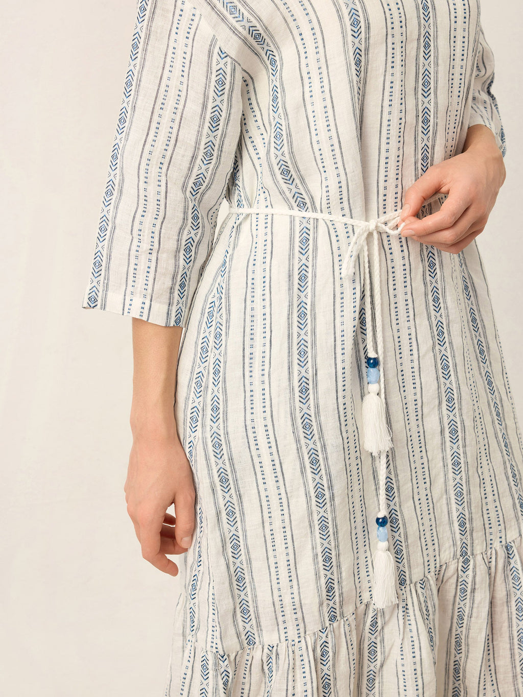 Linen Tribal Stripe Split Neck Bohemian Ruffle Maxi Dress with Woven Belt and Slip MARLOWE