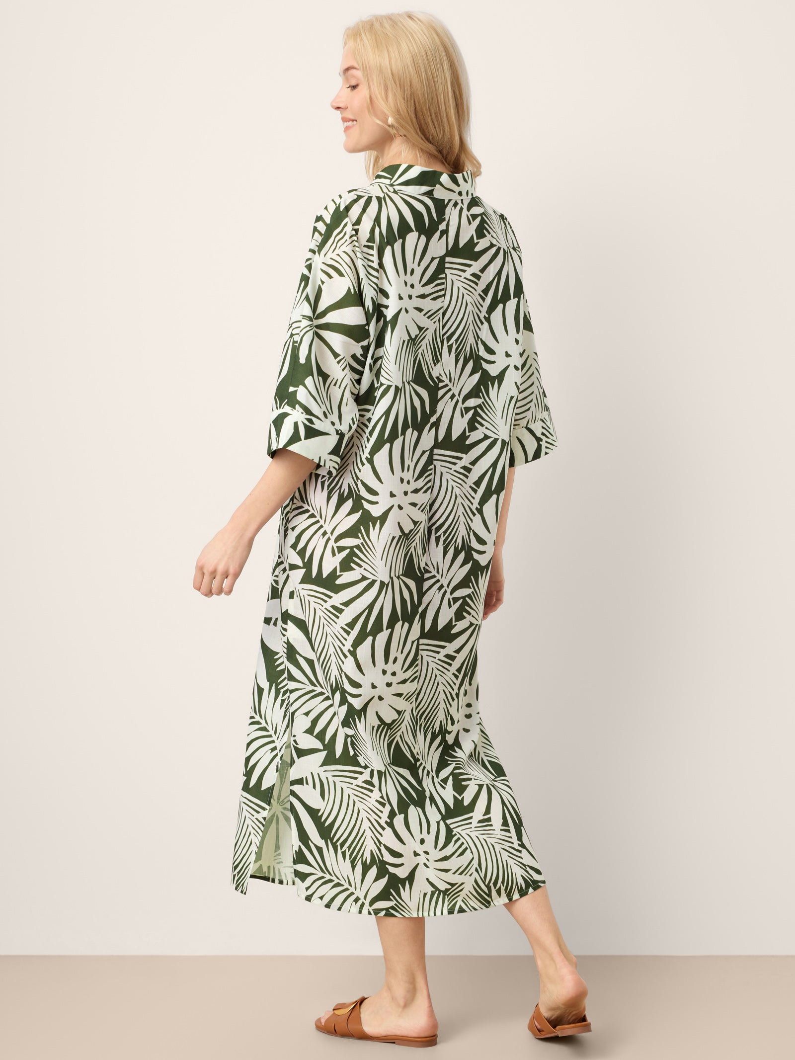 Linen Palm Print Camp Collar Relaxed Maxi Shirt Dress MINERVA