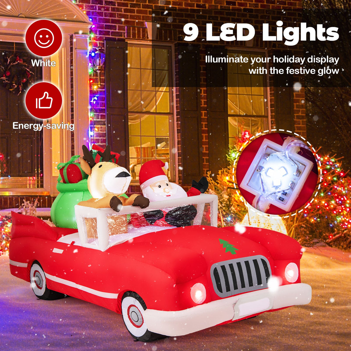 7.7 Feet Long Christmas Inflatable Santa Claus and Reindeer Riding Red Car with Gift Bag and 9 LED White Lights