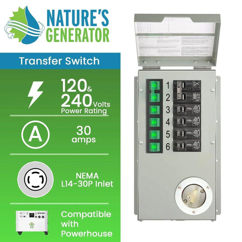 Interruptor de transferencia no automático de 6 circuitos, 30 A, 120 V/240 V