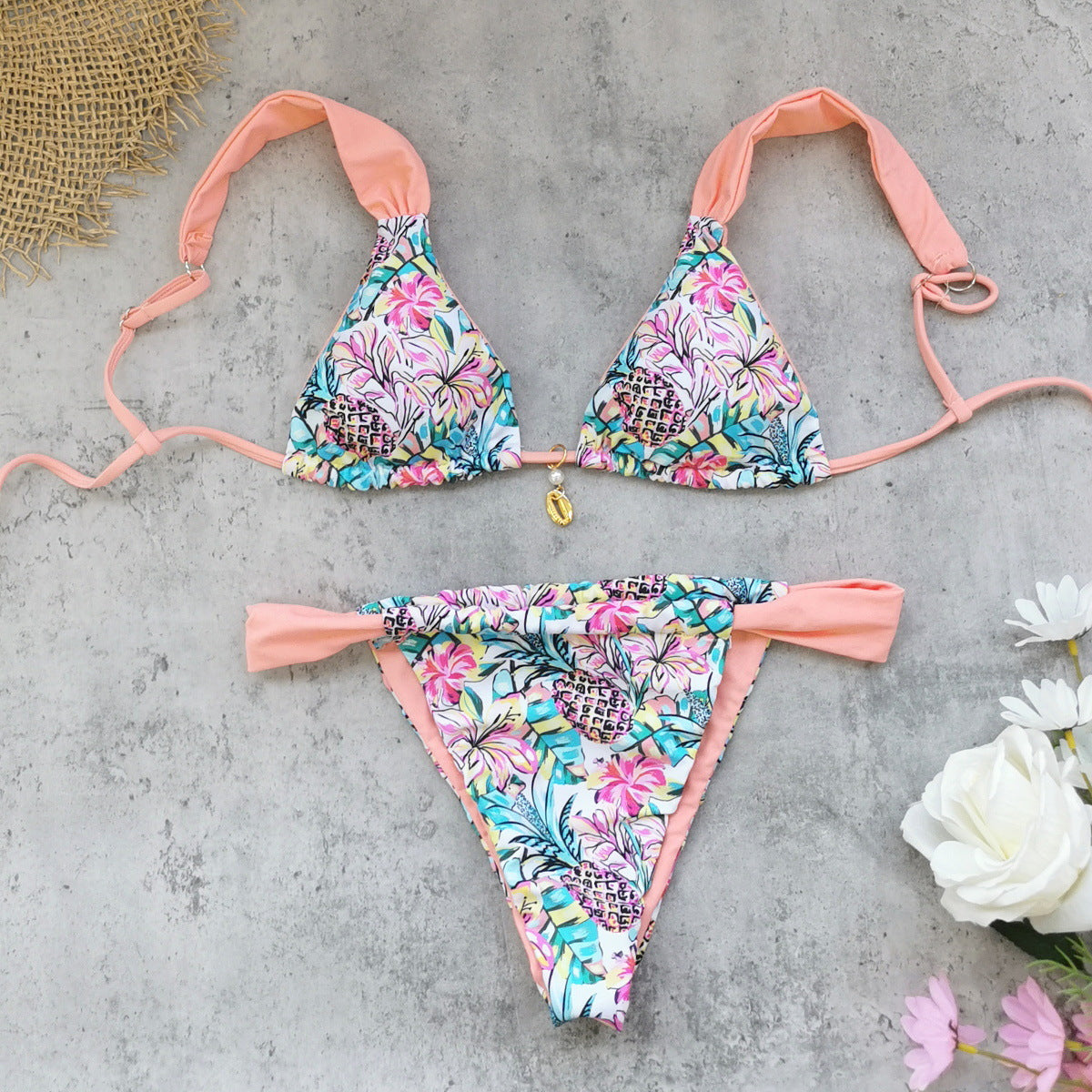 Bikini sexy halter de tres puntas de talle bajo con cordones, traje de baño dividido fresco para mujer