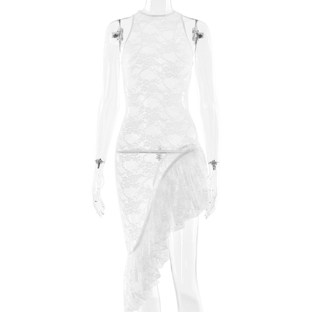 Vestido maxi de verano sexy de encaje transparente asimétrico irregular sin mangas con cuello redondo para mujer