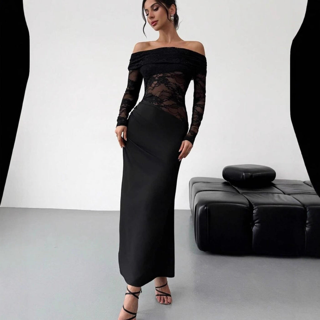 Vestido maxi de encaje calado sin hombros de verano, de manga larga, sexy, de alta calidad, ajustado para mujer