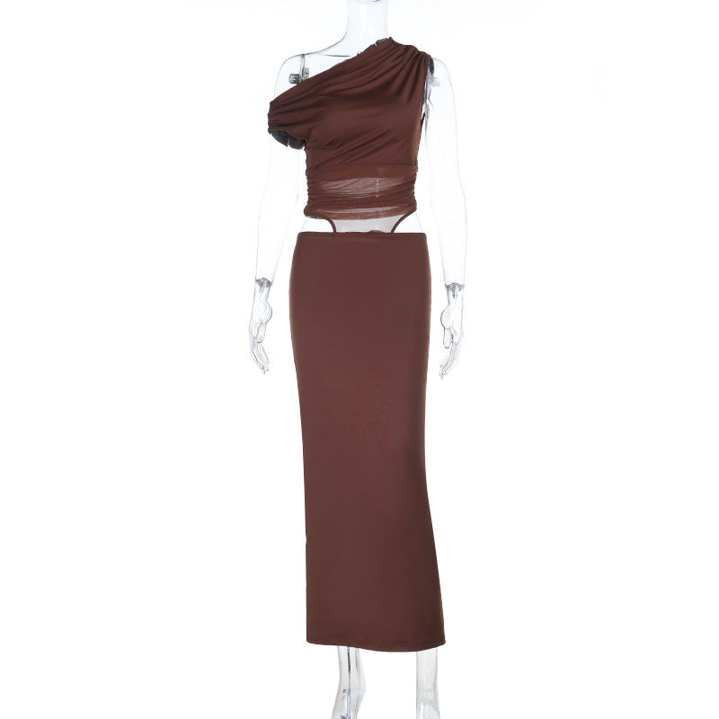 Vestido maxi sexy ajustado para mujer con costuras de malla y aberturas sin hombros