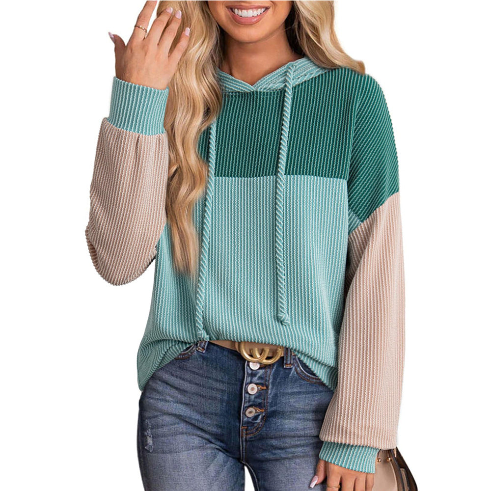 Autumn Winter Twist Strip Color Matching Long Sleeve Hoodie Loose Sweater
