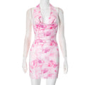 Vestidos de cadera sexis sin espalda con cuello halter con estampado tie dye para mujer