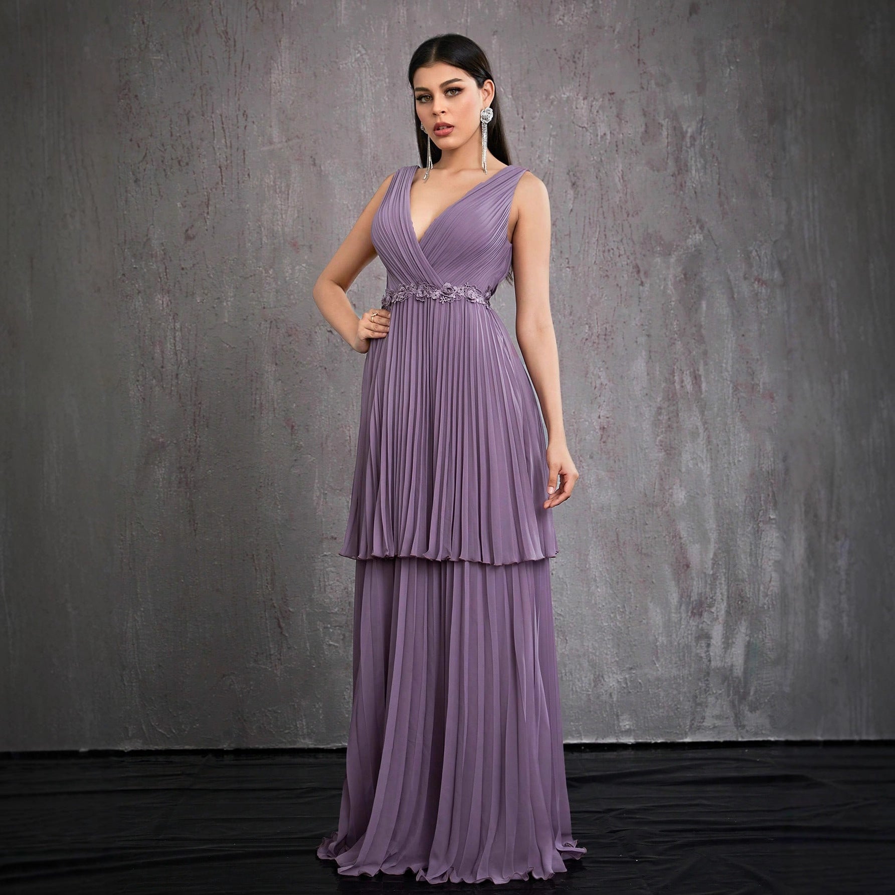 Vestido de noche de graduación con cuello en V, vestido escalonado, vestido cruzado con cuello, vestido formal para anfitriona, vestido elegante y grácil, vestido maxi para mujer